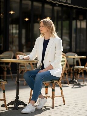 Banana Republic White Double-Breasted Blazer with Gold Buttons